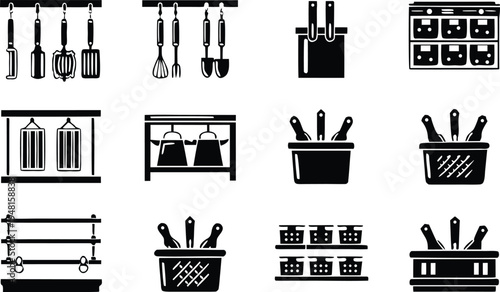 A high-end kitchen or cooking tongs in various storage and usage scenarios  vector illustration.