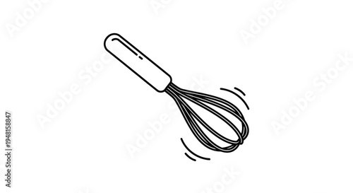 Simple black and white line art drawing of a kitchen whisk in motion.