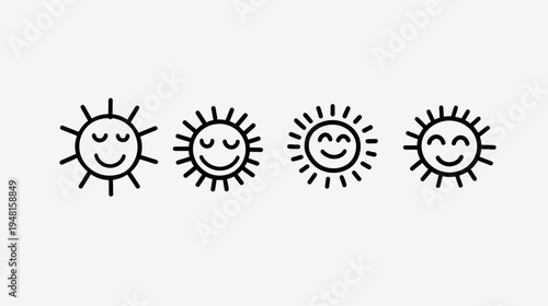 Four stylized sun icons with smiling faces and different radiant designs