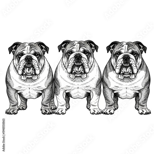 Three adorable bulldogs standing side by side looking forward