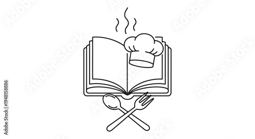 Line art illustration of an open cookbook with a chef's hat, steaming, and crossed cutlery below, symbolizing cooking and recipes.