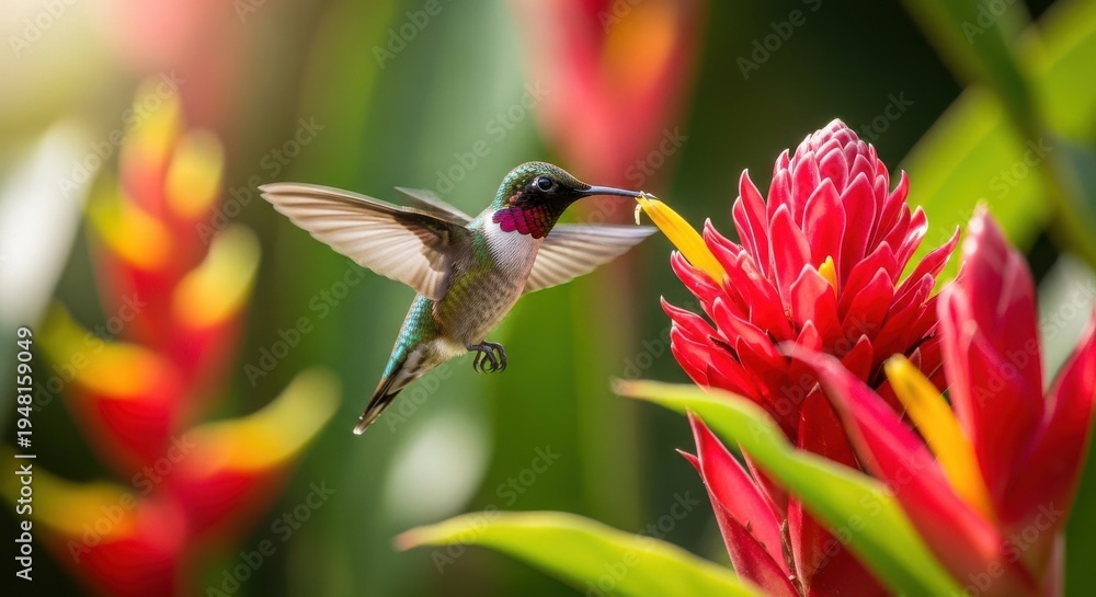 Fototapeta premium Tiny hummingbird with iridescent throat feeding on bright red flower nectar in natural garden setting.