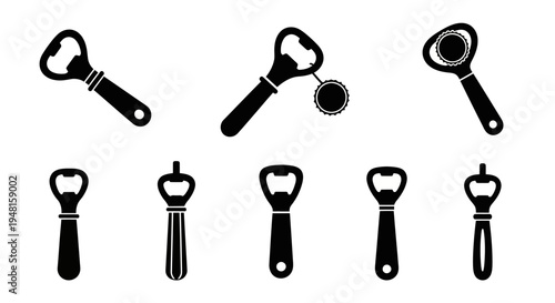 Bottle Opener Collection Icons Set - Black Silhouettes