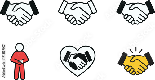 Handshake agreement and partnership icon set with business deal cooperation trust collaboration symbols including heart handshake and teamwork illustration