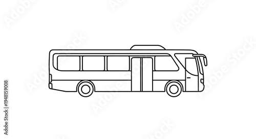 Simple black and white line art illustration of a passenger bus, side view, representing public transportation.