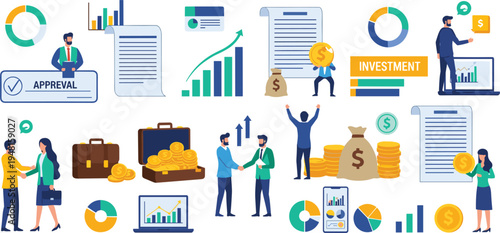 Vector Illustration of Business Investment Concepts with Financial Charts, Documents, Money Bags, Graphs, and Professional Businessmen and Businesswomen