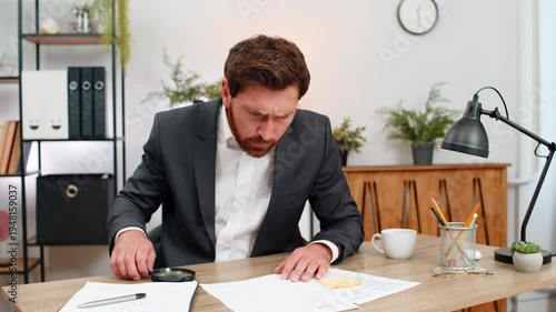 Middle-aged businessman at home office inspects contract text with magnifier finds issue and shakes head no. Freelancer guy at table writes urgent fix on sticker and places note on page to review