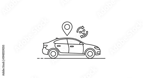 A line art illustration depicting a car with a location pin and network sharing icons, symbolizing smart transportation and connected vehicle services.