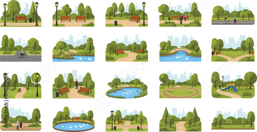 Vector Illustration of City Park Scenes with Benches, Paths, Trees, Water Features, and People Walking, Cycling, and Relaxing