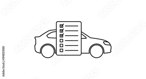 Line art illustration of a car with a checklist document, symbolizing vehicle inspection or maintenance.