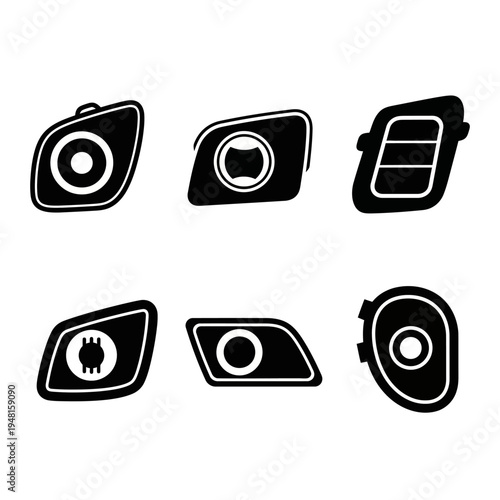 Car Headlight Icons Set, Black and White Vector Illustrations