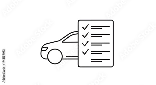 Line art icon of a car next to a checklist document, symbolizing vehicle inspection or service.