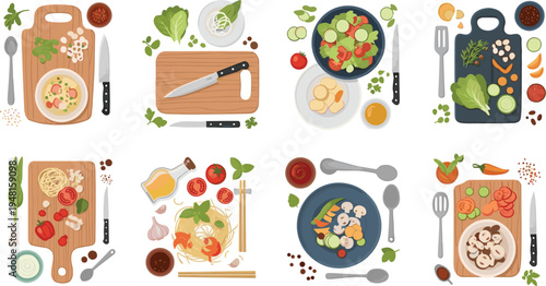 Vector Illustration of Cooking and Food Preparation with Fresh Vegetables, Herbs, Pasta, and Cooking Tools for Culinary and Recipe Concepts