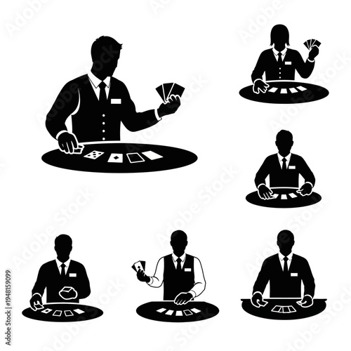 Casino Dealer Silhouette Icons: Poker, Blackjack, Cards Game
