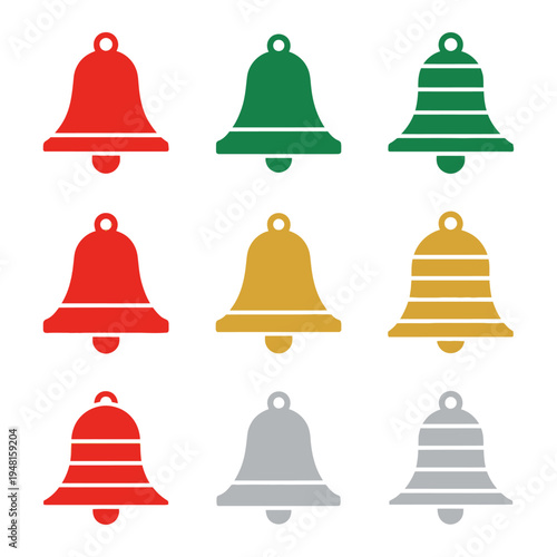 Christmas Bells Icons Set: Red, Green, Gold, Silver on White Background