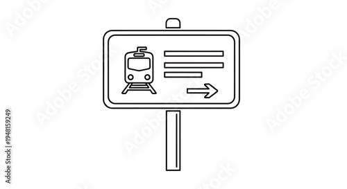 Line art icon of a train station signpost with a train symbol, text lines, and a right-pointing arrow, indicating direction or information for rail travel.
