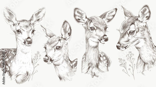 Four detailed watercolor portraits of deer fawns with delicate spotted fur and floral accents