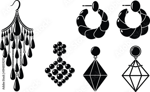 Black silhouette earrings set, jewelry collection vector illustration, chandelier hoop diamond stud earrings, fashion accessory icons isolated design