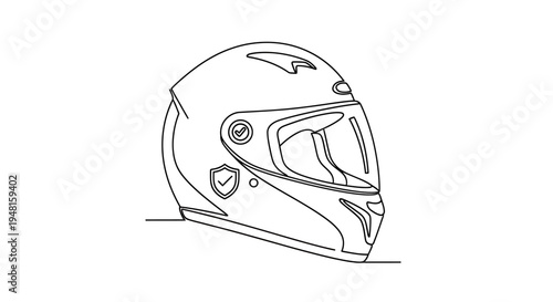 Line art illustration of a full-face motorcycle helmet, depicting its protective design and visor for rider safety.