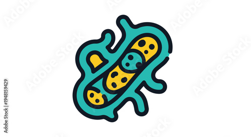 Colorful cartoon bacterium cell showing nucleus ribosome organelles in teal yellow illustration