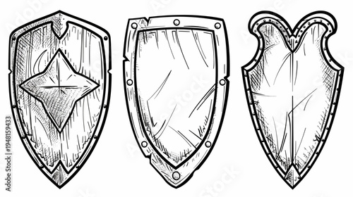 Three hand-drawn shields with unique designs, in monochrome, isolated on white background