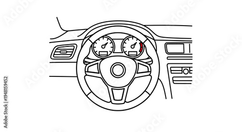 Detailed line drawing of a car's dashboard and steering wheel from the driver's perspective.