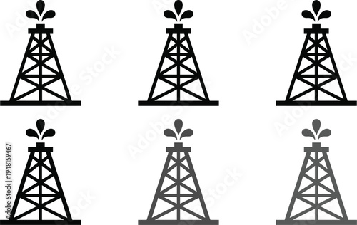 Oil drilling rig tower icon set representing petroleum extraction industry energy production offshore platform engineering symbols in multiple styles