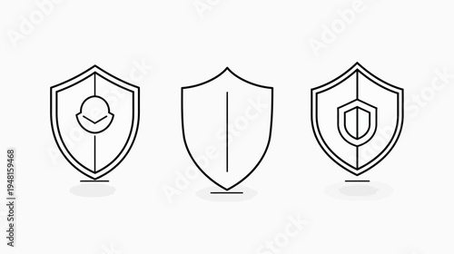 A white background with three stylized shield illustrations in black lines
