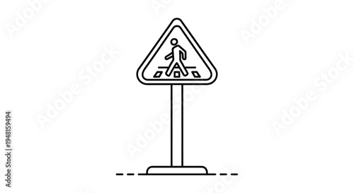 A black and white line art illustration of a pedestrian crossing road sign.