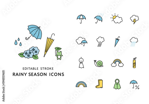 梅雨にまつわるアイコンセット