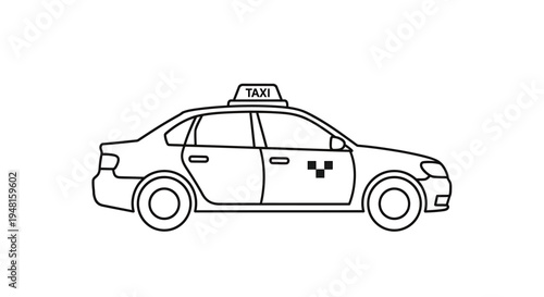 Simple black and white outline drawing of a taxi car from a side profile view, ready for transport.