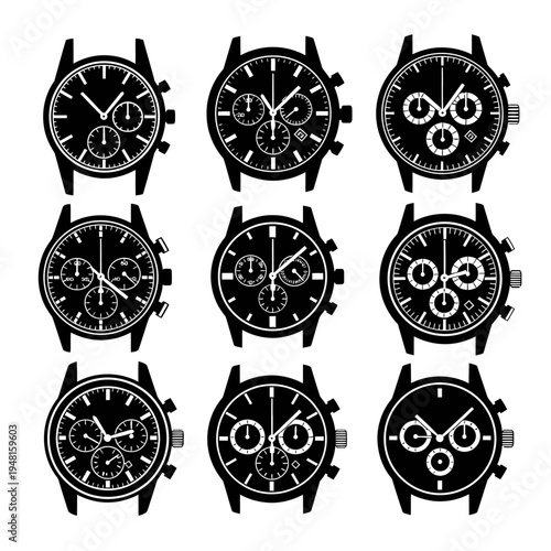 Collection of Black Chronograph Wristwatches, Classic Style, Isolated On White Background
