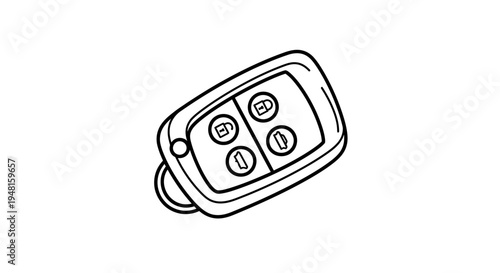 Line art drawing of a modern car key fob with four buttons for remote access and vehicle control.