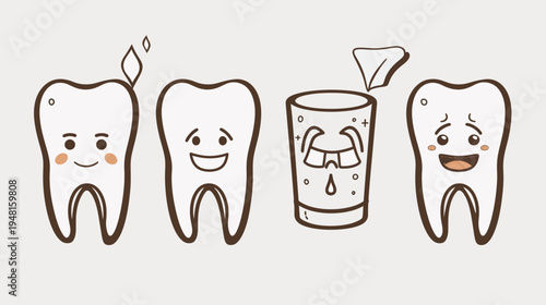 Illustration of cute cartoon teeth and a glass. Tooth hygiene concept
