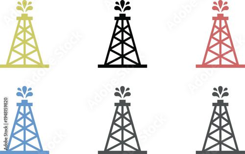 Oil rig drilling tower icon set representing petroleum industry energy extraction offshore platform equipment symbols in multiple color variations