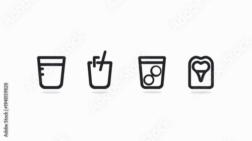 Four black outlined icons measuring cup, drink with straw, drink with ice, and toast with filling