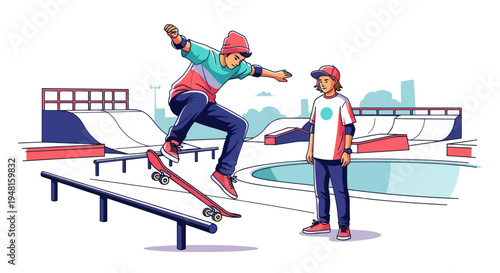 Skater performing trick on rail, friend watching in skatepark, urban sport illustration
