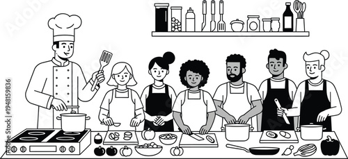 cooking class with diverse people in kitchen