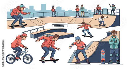 Skatepark Scene: Diverse Youths Enjoying Skateboarding, BMX, and Rollerblading