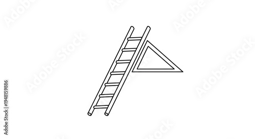 A simple line drawing of a ladder leaning against a triangular roof or attic opening.