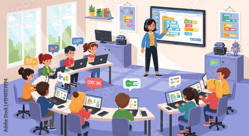 Children Learning Coding and Robotics in Modern Classroom with Interactive Whiteboard