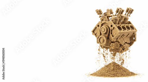Industrial Decline And Economic Downturn Sand Engine Block Disintegrating Into Pile Of Dust On White Background Symbolizing Automotive Industry Decline And Manufacturing Crisis