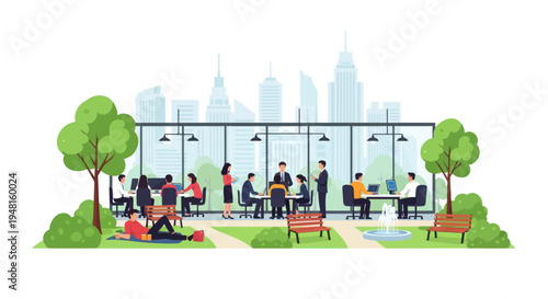Modern Office Garden: Employees Working and Relaxing in Urban Green Space