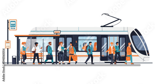 People waiting for tram at station, modern public transport, urban commute illustration