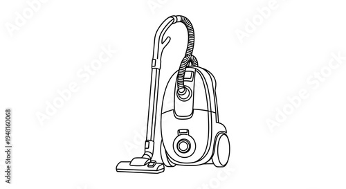 A detailed line art drawing of a modern canister vacuum cleaner with a hose and floor attachment, ready for cleaning.