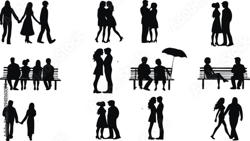 A high-quality vector illustration sheet of various romantic couple silhouettes.