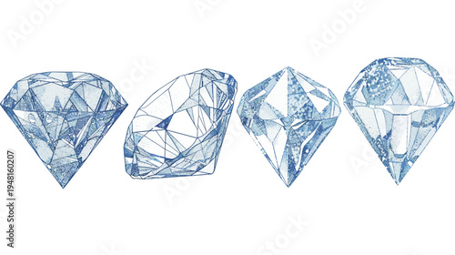 Four stylized diamond illustrations in varying facets and perspectives on a clean white background