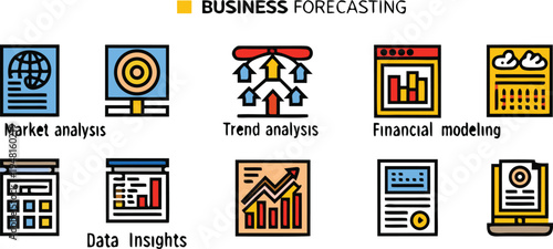 A horizontal banner of business icons in a flat 'filled outline' style. The set includes icons for Market Analysis, Trend Analysis, Financial Model.