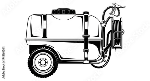 Illustration of a wheeled sprayer with tank and hose.
