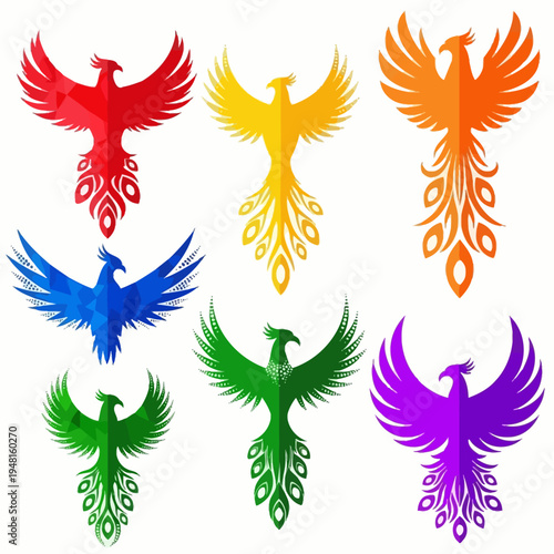 Colorful Phoenix Birds Collection, Mythical Creatures, Geometric Style